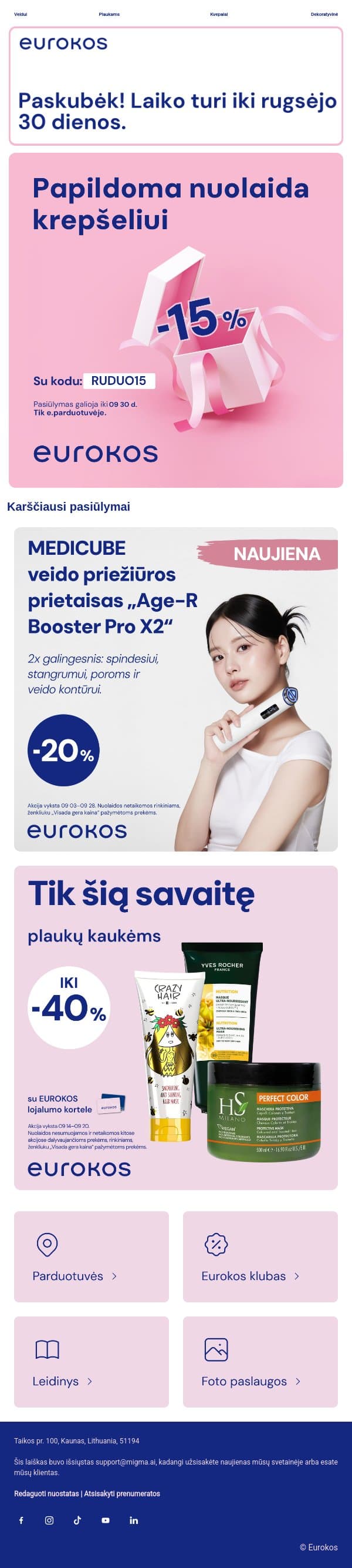 Nuolaidos kodas visam krepšeliui 😉 email from Eurokos screenshot