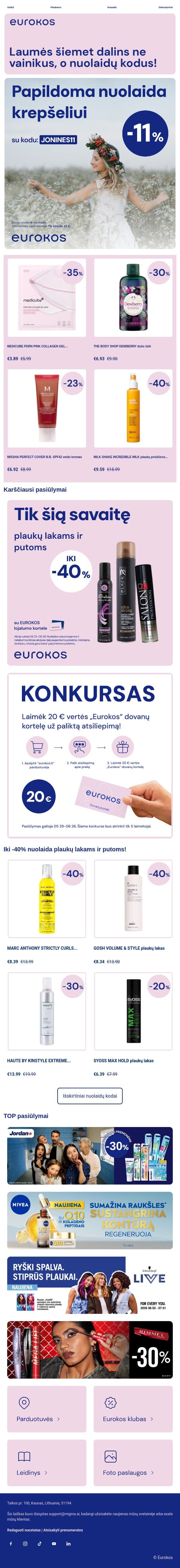 🔥 Slaptas kodas Joninių proga email from Eurokos screenshot