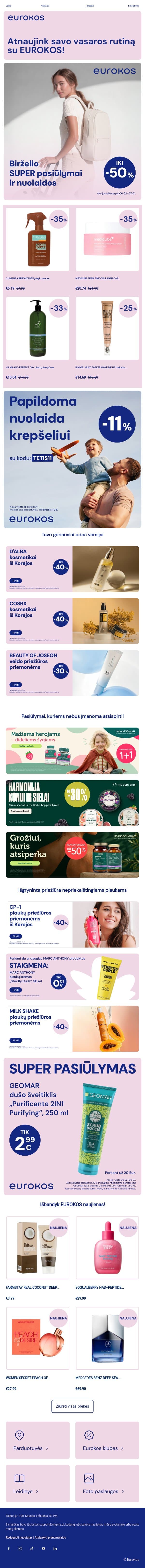BIRŽELIO SUPER PASIŪLYMAI IR AKCIJOS! email from Eurokos screenshot