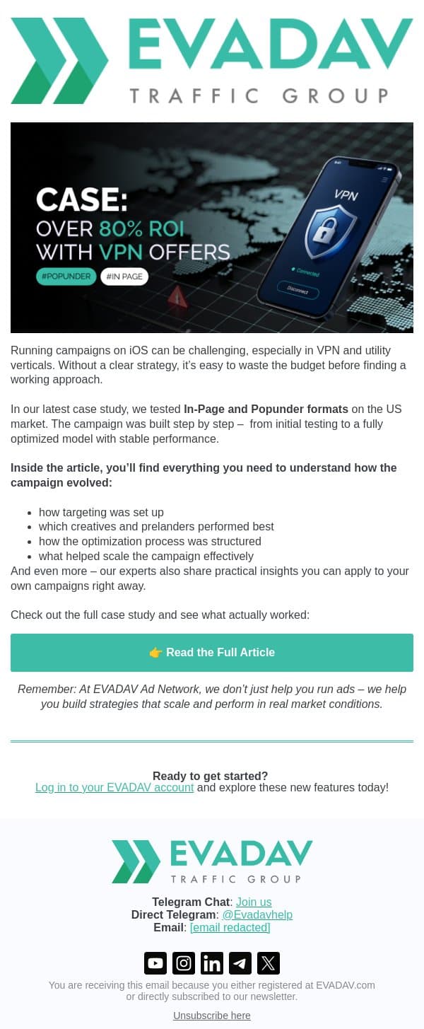 In-Page vs Popunder on iOS: Real VPN Case Study + Optimization Insights email from EvaDav screenshot