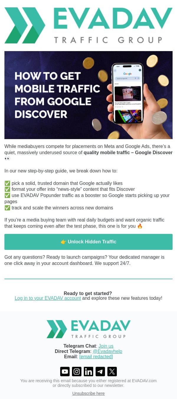 🏅 Mobile Traffic from Google Discover: How to Find Domains and Launch Campaigns at EVADAV email from EvaDav screenshot