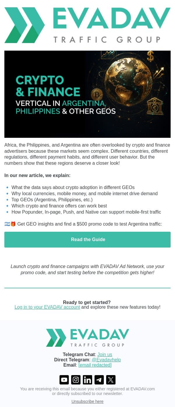 🌍 TOP GEOs for Crypto & Finance Vertical email from EvaDav screenshot
