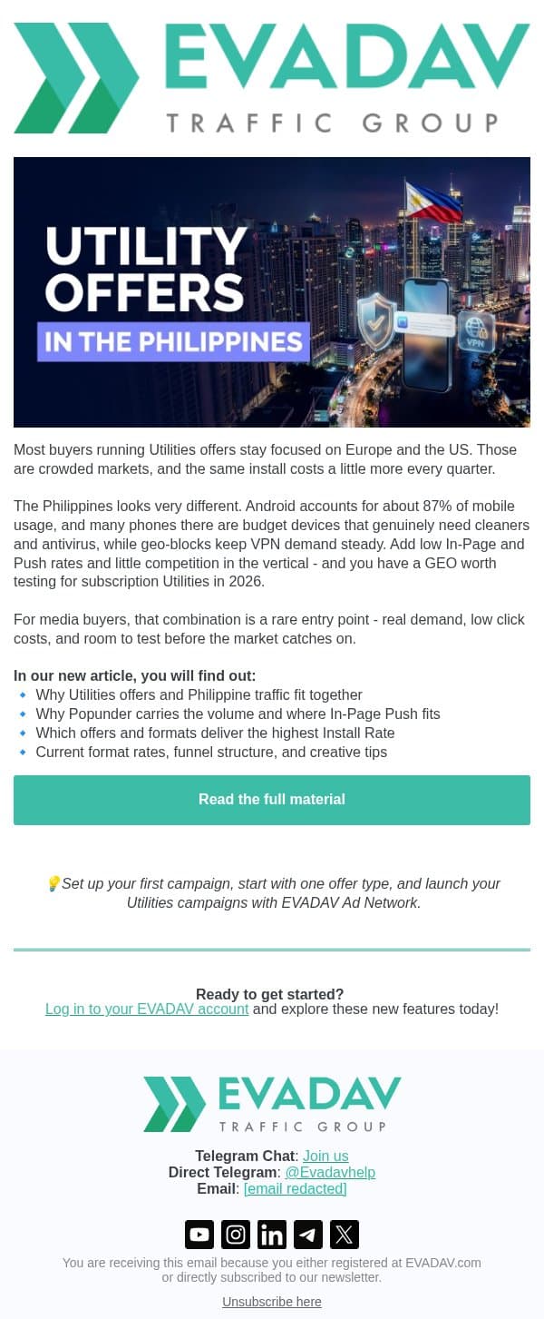 📱 Utilities Offers on Philippine Traffic: VPN, Cleaners, Antivirus email from EvaDav screenshot
