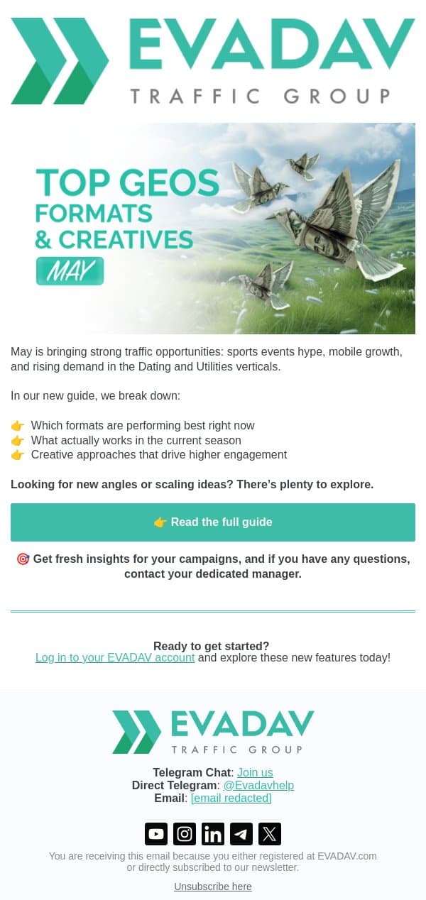 Discover May’s top GEOs, formats, and creatives email from EvaDav screenshot