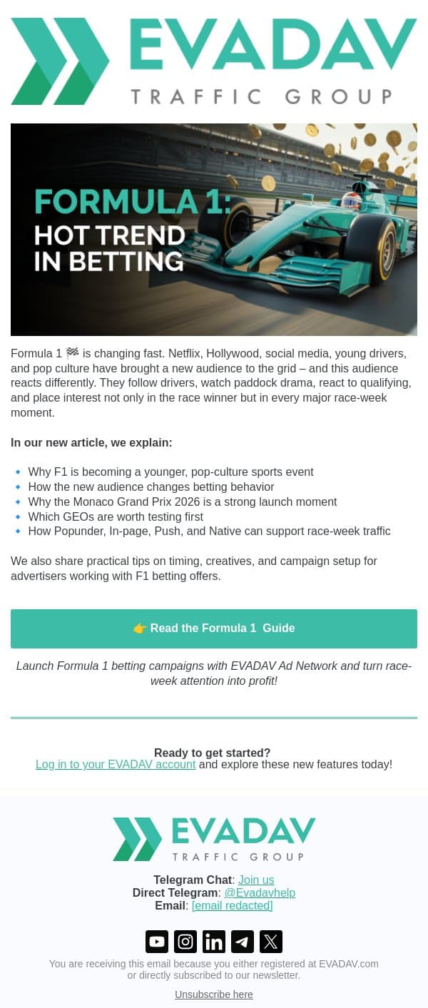 🏎️ᝰ.ᐟ Formula 1 Is Getting Younger – Are Your Betting Campaigns Ready? email from EvaDav screenshot