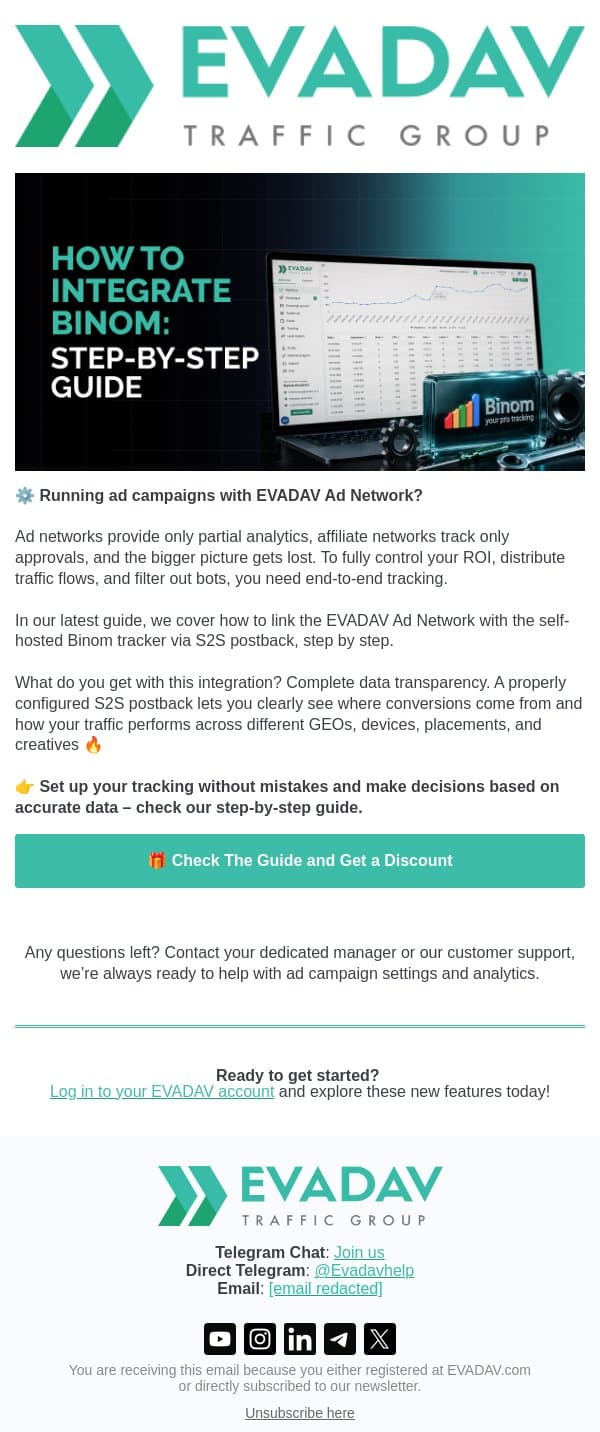 Want to integrate Binom for better analytics? email from EvaDav screenshot