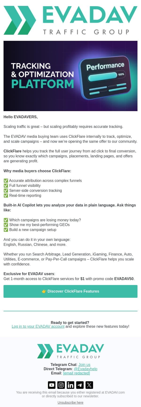 How ClickFlare Helps Our Media Buyers Launch Stellar Campaigns? email from EvaDav screenshot