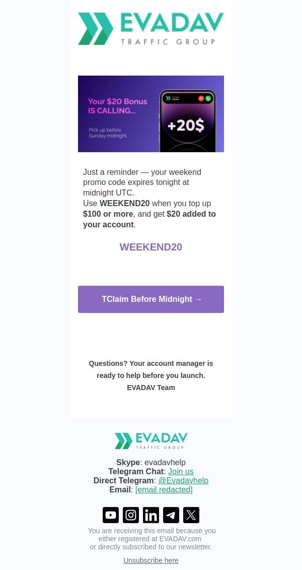 WEEKEND20 expires tonight — $20 bonus inside email from EvaDav screenshot