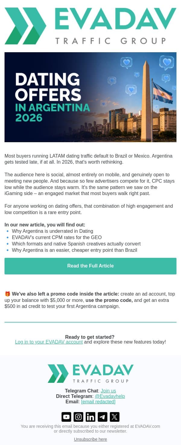 Argentina: LATAM's Underrated Dating GEO for 2026 email from EvaDav screenshot