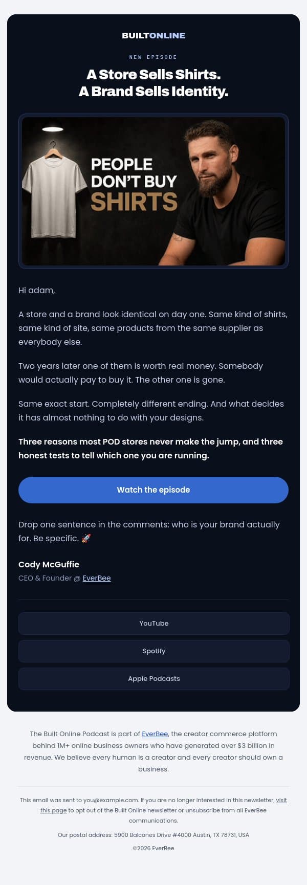 🎧🎙️ Built Online - People Don't Buy Shirts email from EverBee screenshot