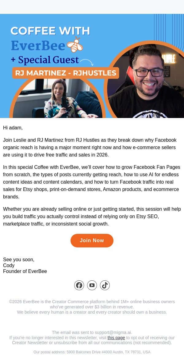 📢 Coffee with EverBee is about to start email from EverBee screenshot