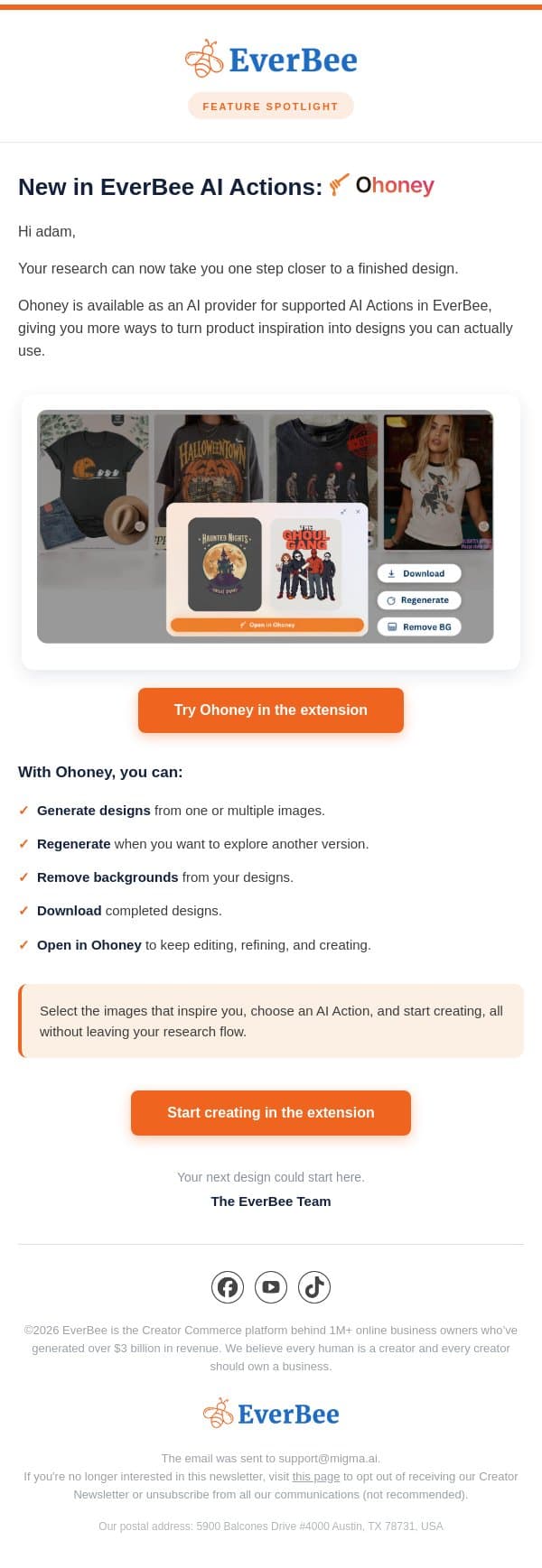 Ohoney just joined EverBee AI Actions email from EverBee screenshot