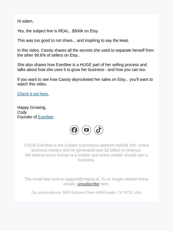 How Cassiy did $500k on Etsy email from EverBee screenshot