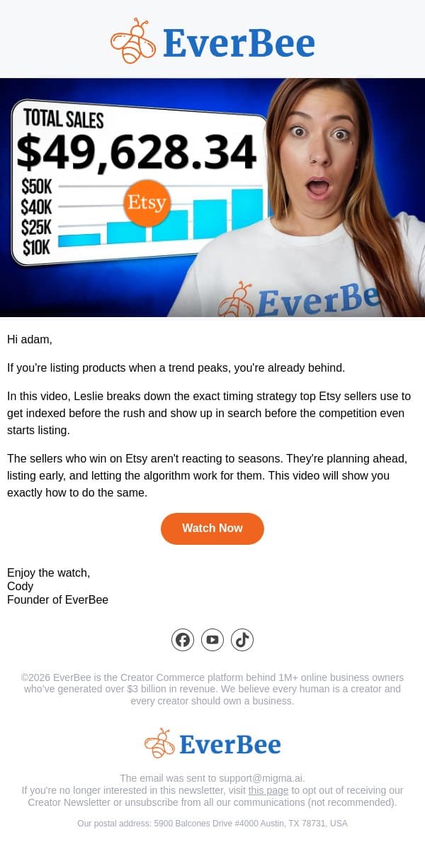 New video ▶️ Are you listing too late? email from EverBee screenshot