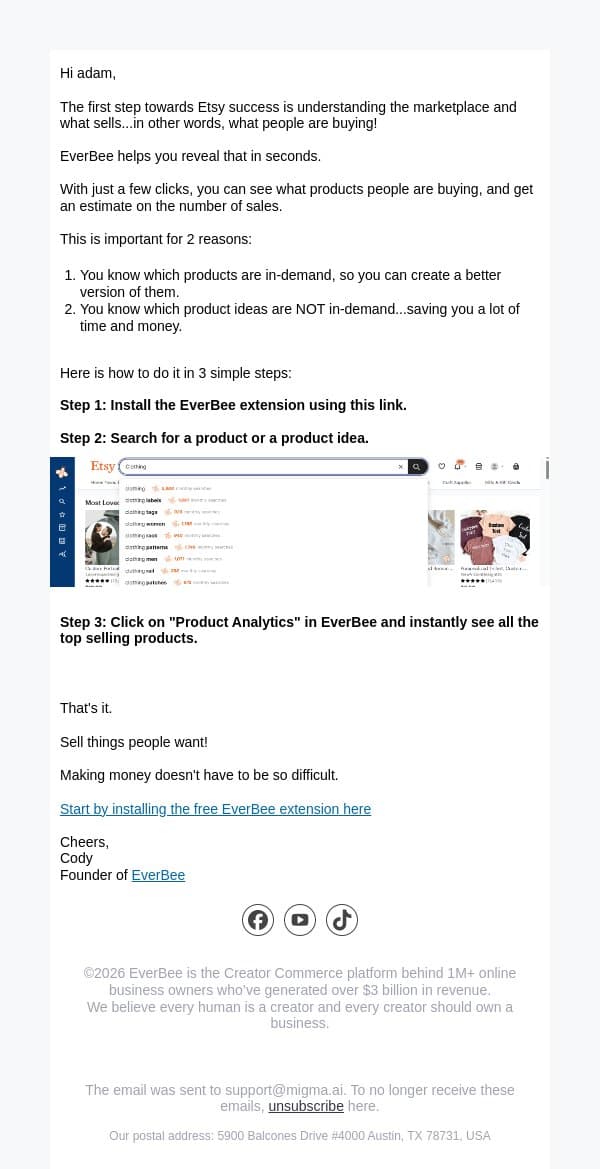 Ready to Unleash Your Etsy Success email from EverBee screenshot