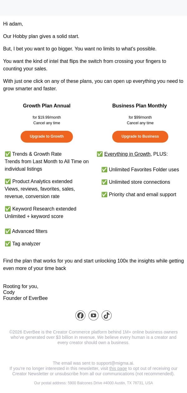 Turn your side hustle into a business email from EverBee screenshot