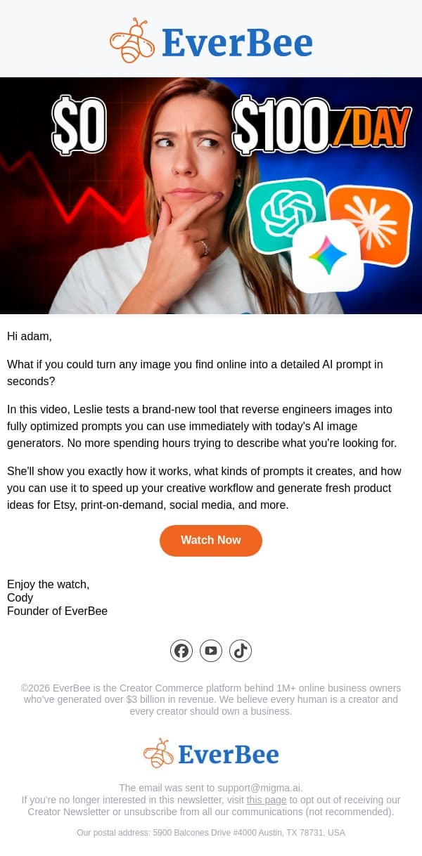 New video ▶️ Stop writing AI prompts from scratch email from EverBee screenshot
