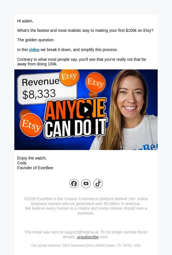Your First $100K on Etsy email from EverBee screenshot