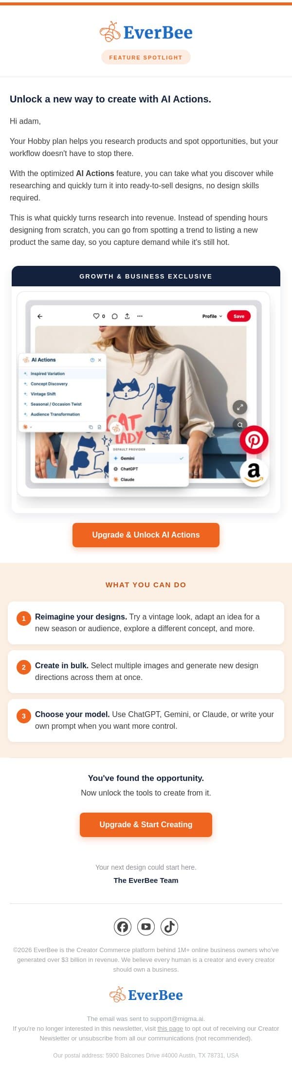 From research to ready-to-sell, in seconds ⚡ email from EverBee screenshot