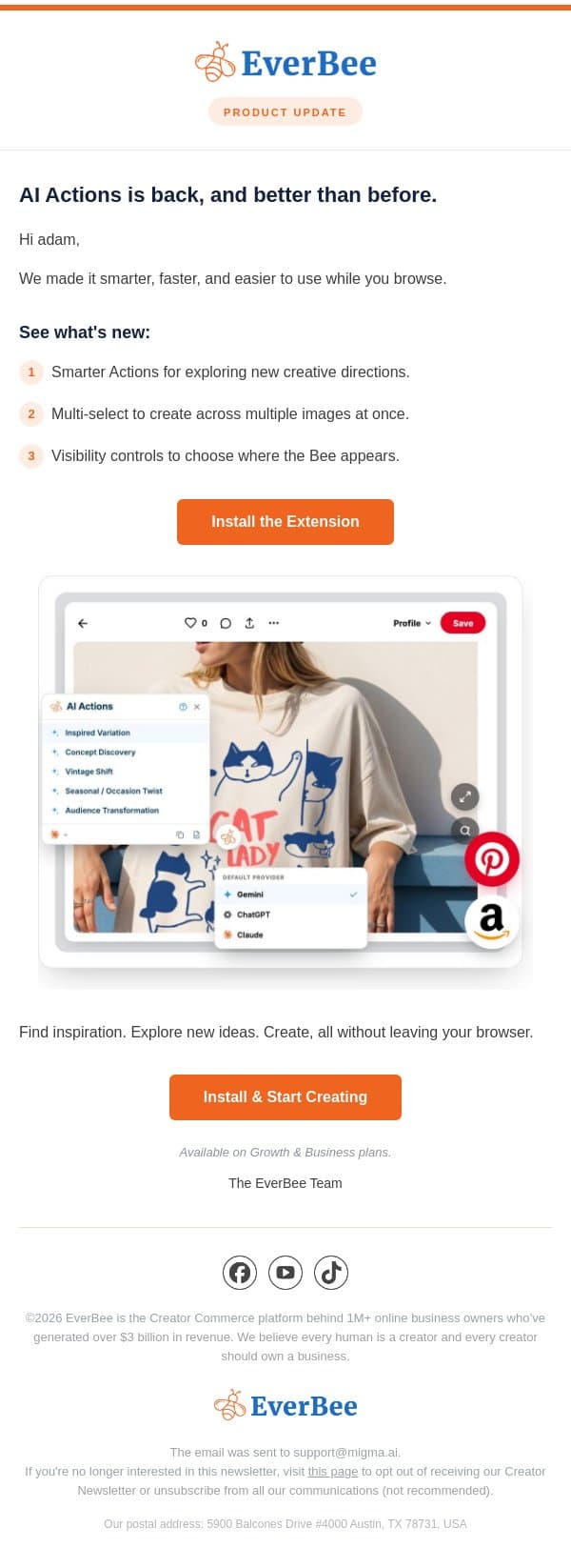 AI Actions is back, smarter than ever ✨ email from EverBee screenshot