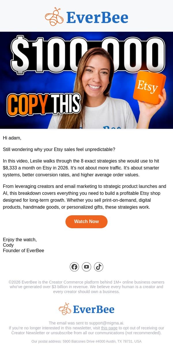 New video ▶️ Can you still make money on Etsy in 2026? email from EverBee screenshot