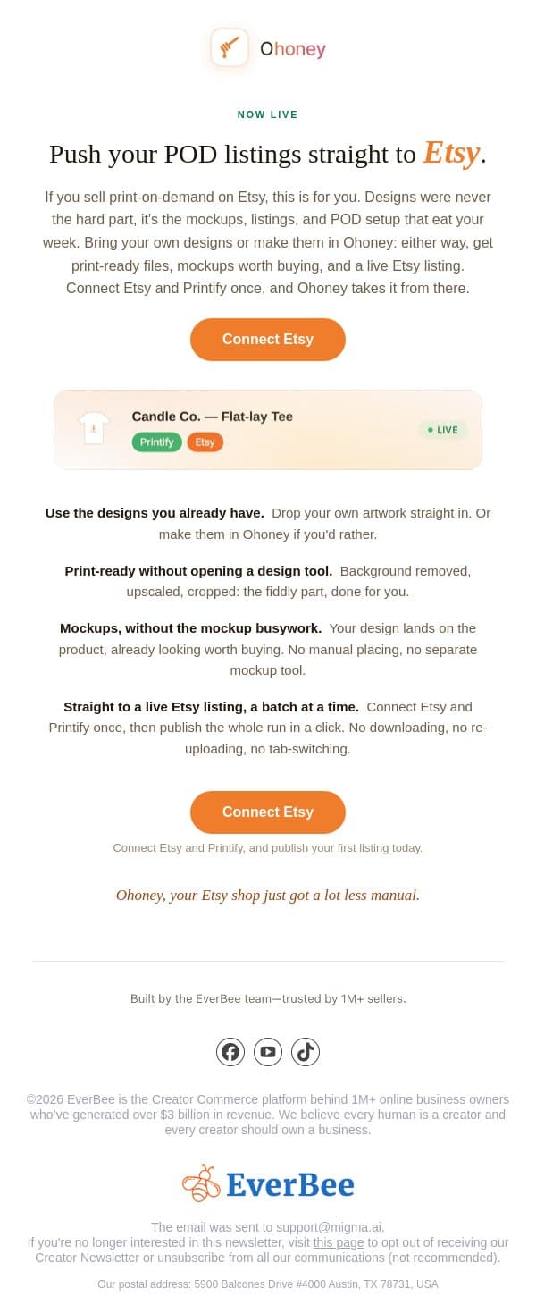 One‑click Etsy Publishing: Now on Ohoney. email from EverBee screenshot