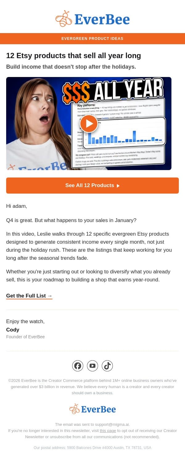 New video ▶️ 12 Etsy products that sell all year long email from EverBee screenshot