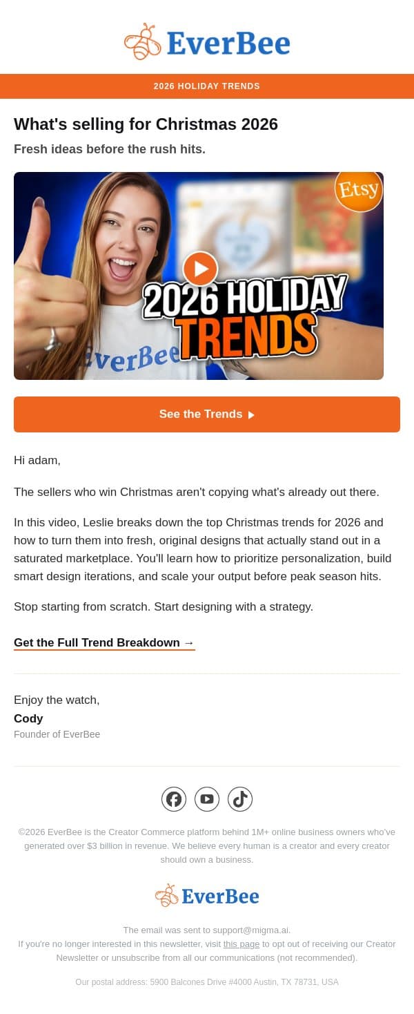 New video ▶️ What's selling for Christmas 2026 email from EverBee screenshot