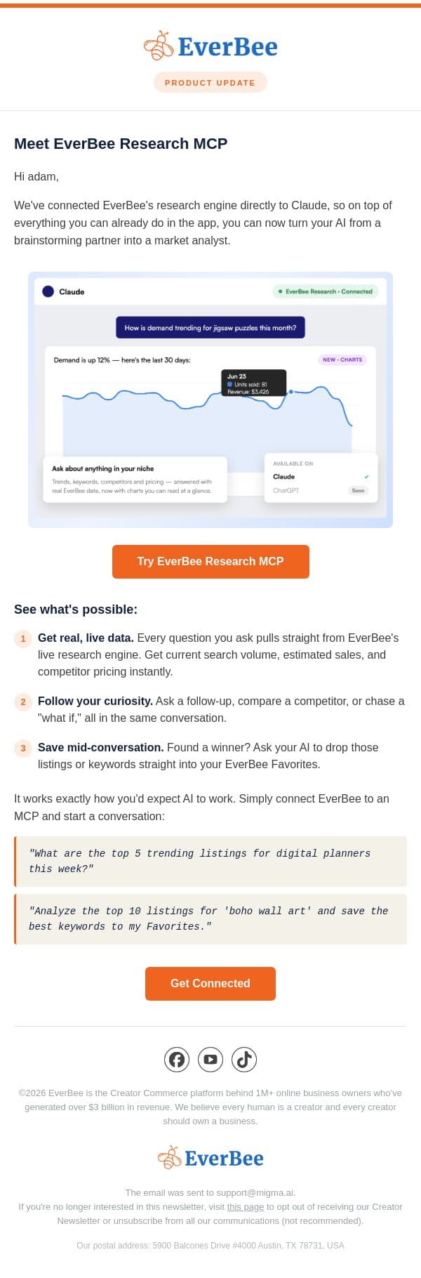 Your AI just became a market analyst 🚀 email from EverBee screenshot