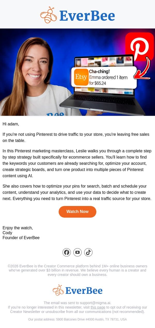 New video ▶️ How to turn Pinterest into a sales machine email from EverBee screenshot