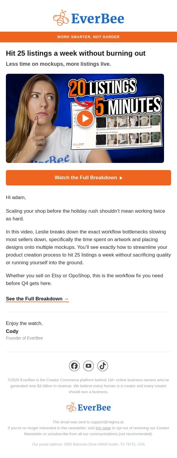 New video ▶️ Hit 25 listings a week without burning out email from EverBee screenshot
