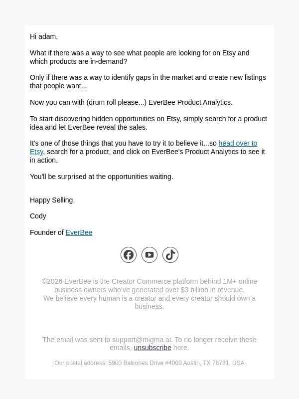 Discover Hidden Opportunities on Etsy email from EverBee screenshot
