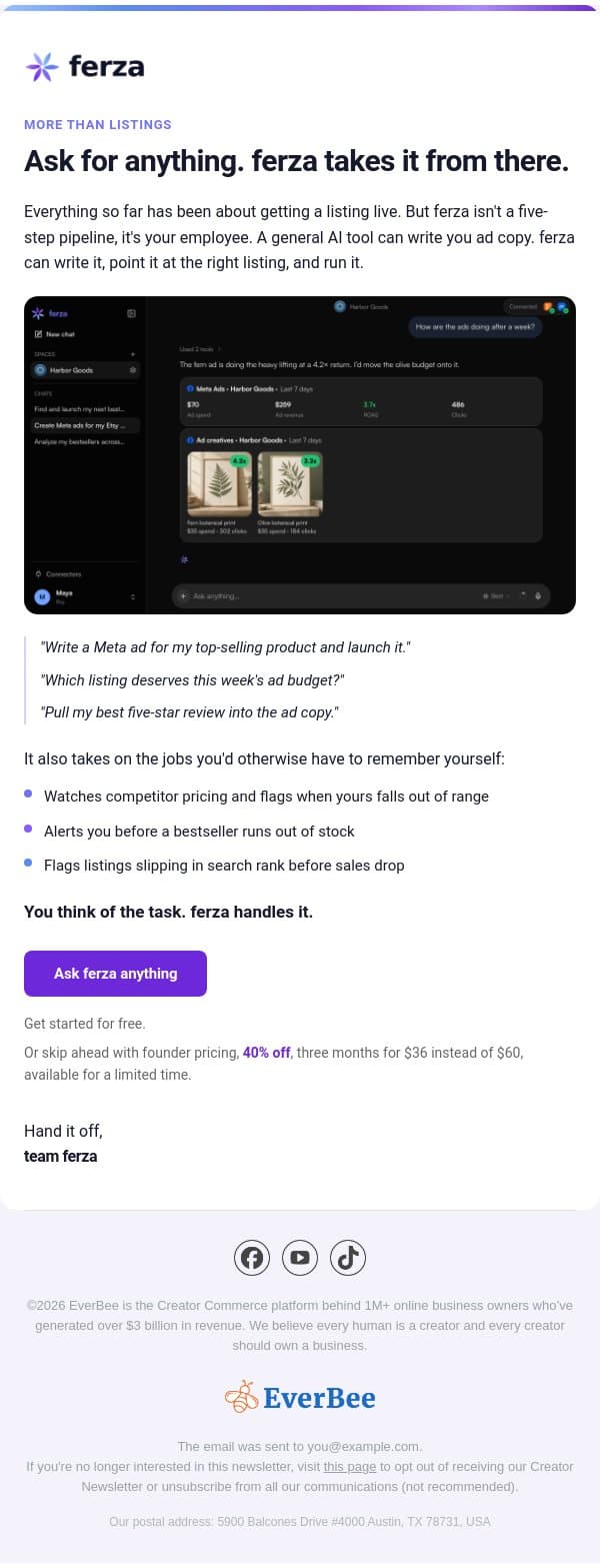 Ask for anything. ferza takes it from there. email from EverBee screenshot