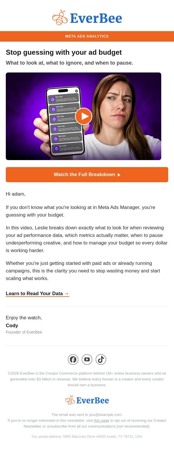 New video ▶️ Read your Meta Ads data like a pro email from EverBee screenshot