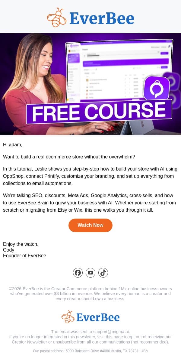 New video ▶️ Build your store with AI, free tutorial inside email from EverBee screenshot