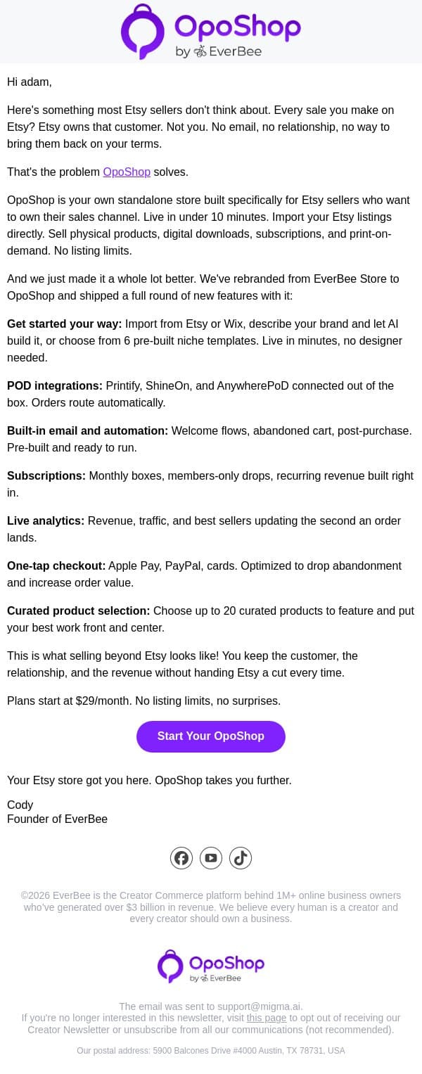 Etsy is renting you a shelf. You should own the store. email from EverBee screenshot