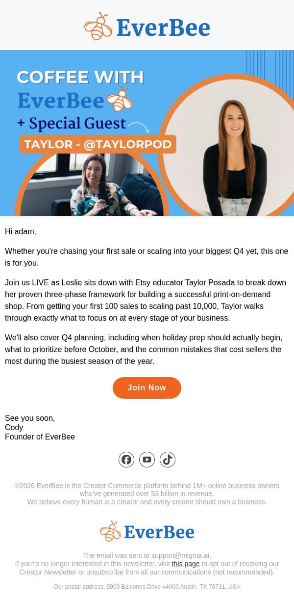 ☕ Coffee with EverBee starts soon email from EverBee screenshot