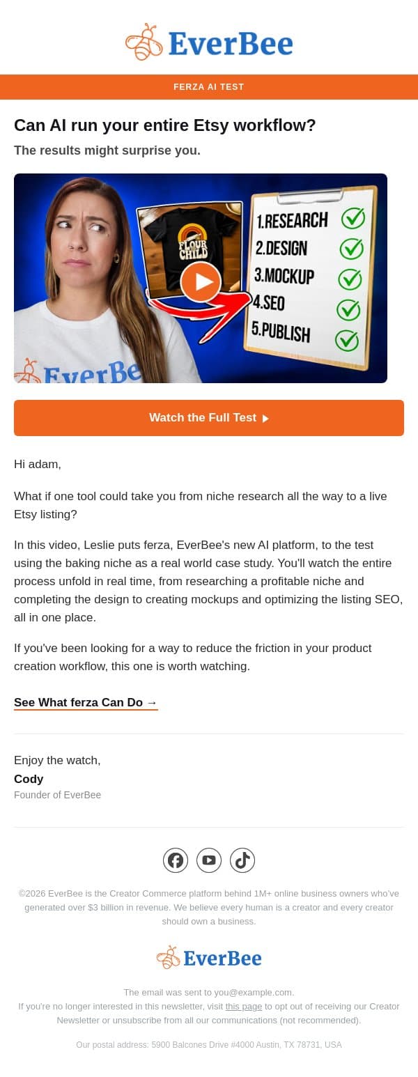 New video ▶️ Can AI handle your entire Etsy workflow? email from EverBee screenshot