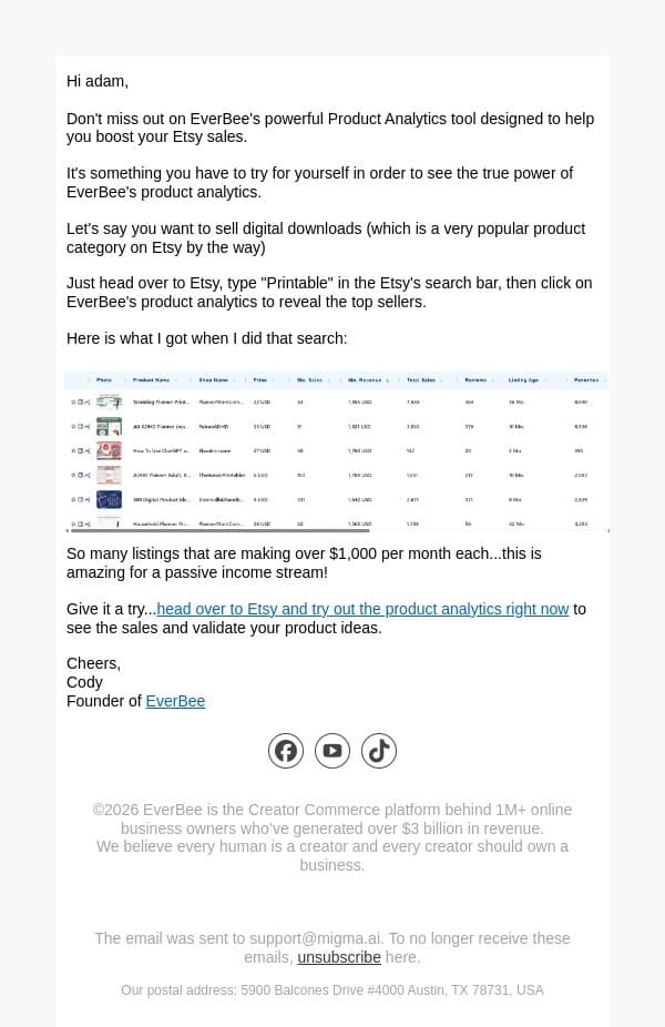 Boost Your Sales with EverBee Product Analytics email from EverBee screenshot