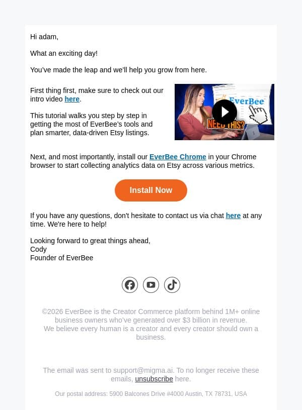 Welcome to EverBee! Your next steps are here email from EverBee screenshot