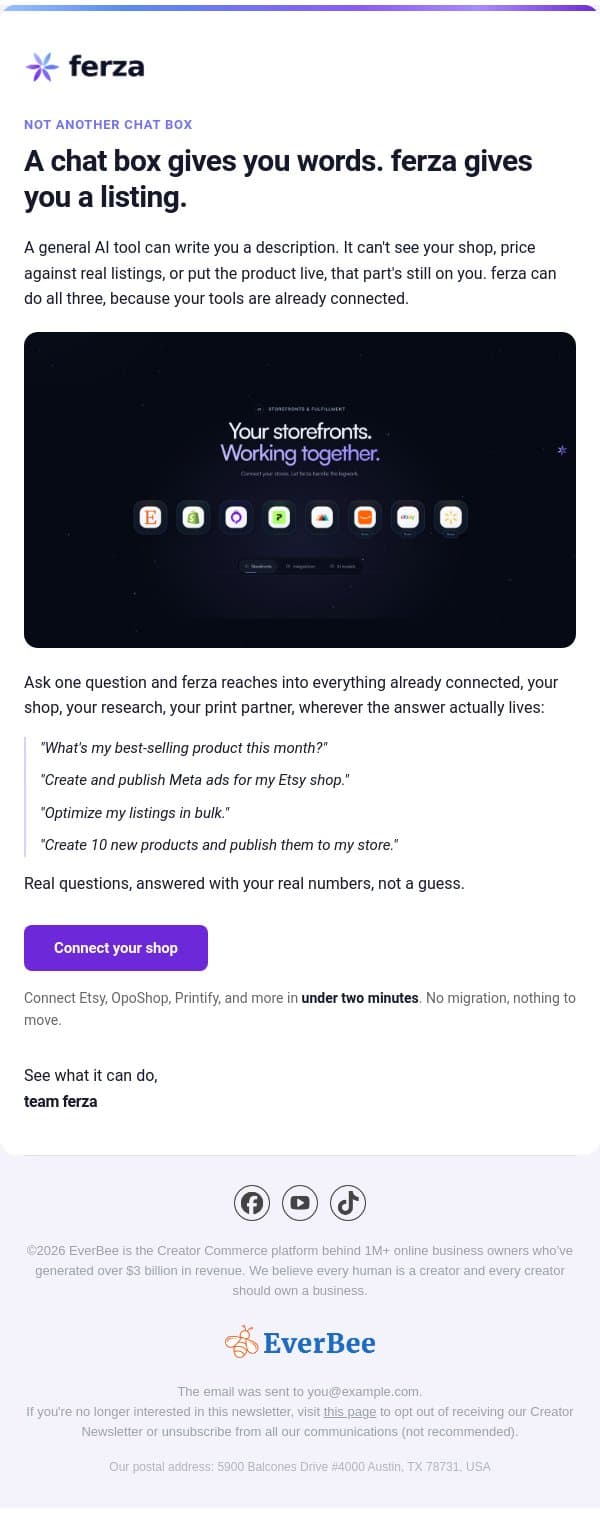 A chat box gives you words. ferza gives you a listing. email from EverBee screenshot
