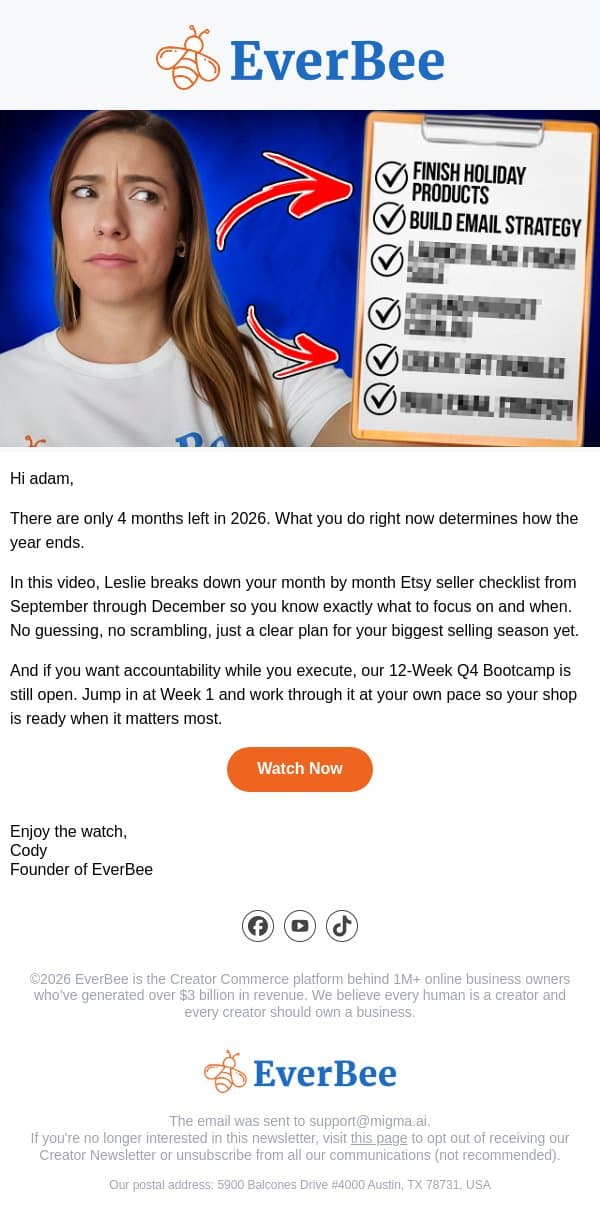 New video ▶️ 4 months to hit your 2026 goals. Let's go! email from EverBee screenshot
