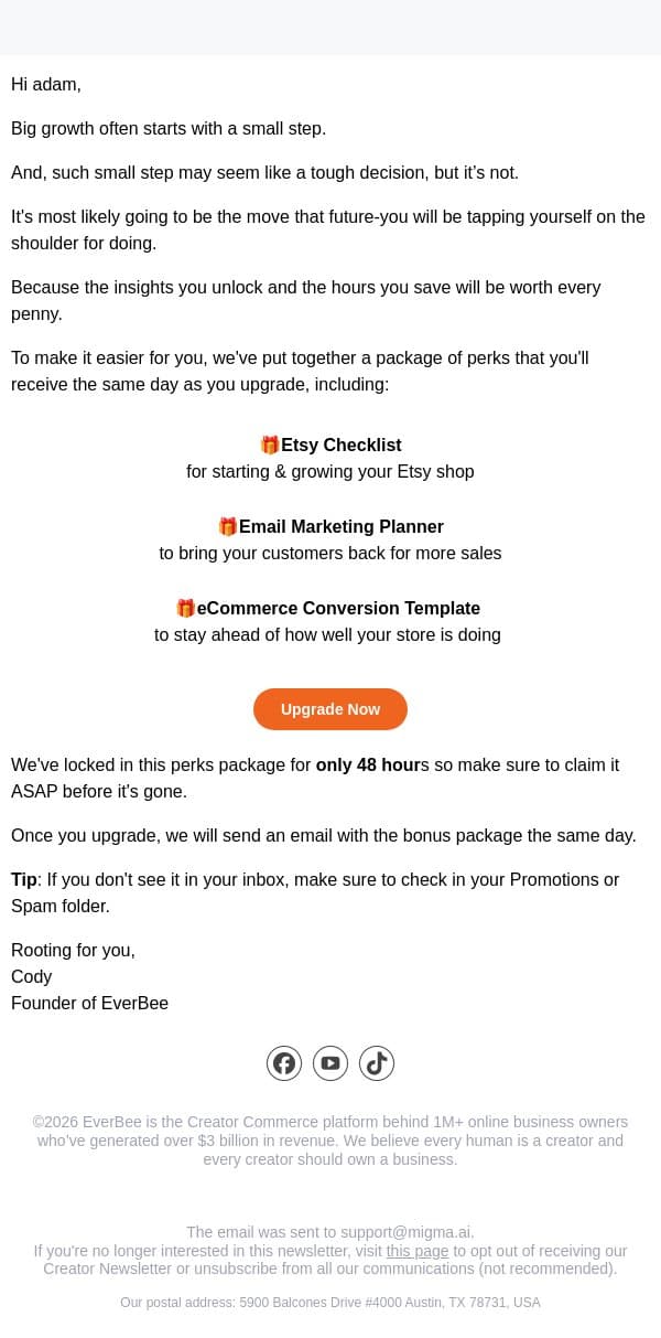 Big growth starts right here email from EverBee screenshot