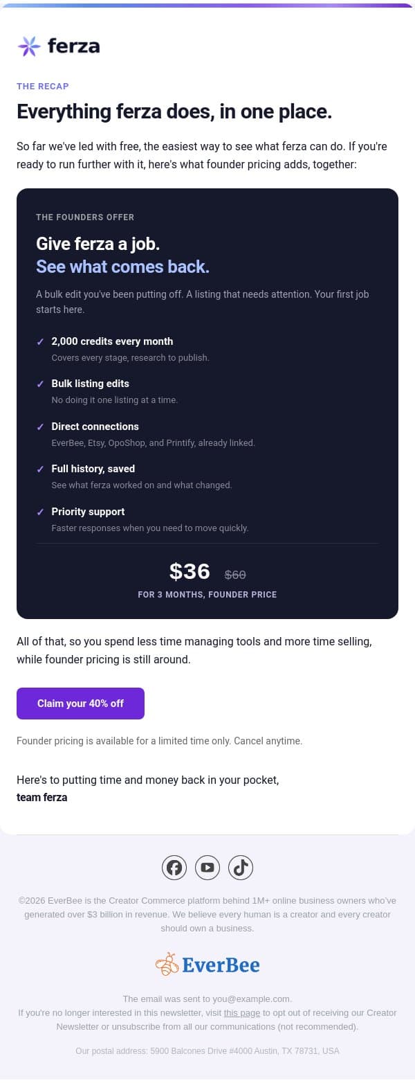 Everything ferza does, in one place. email from EverBee screenshot