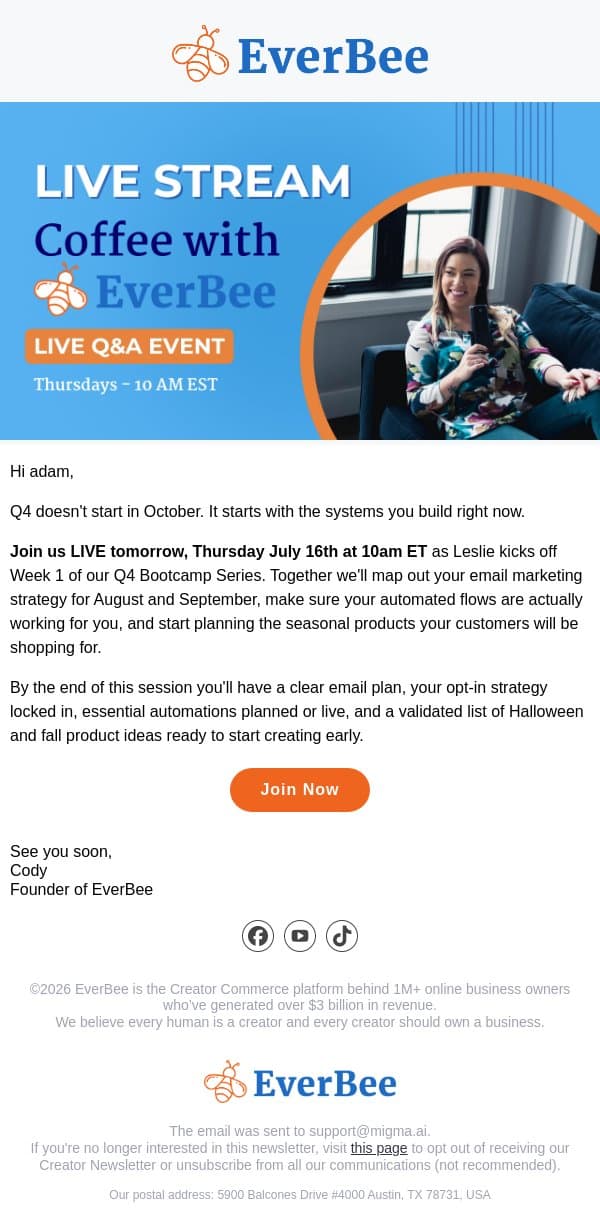 ☕ Coffee with EverBee starts tomorrow at 10am ET email from EverBee screenshot