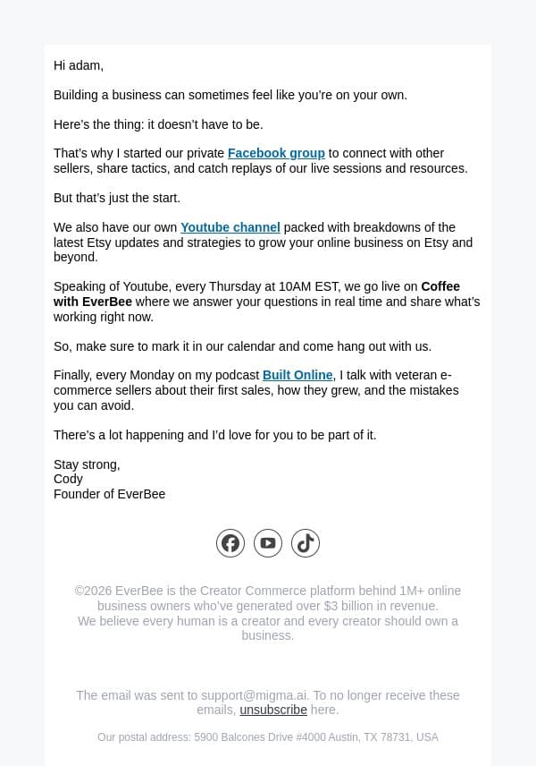 You're not alone in this journey email from EverBee screenshot