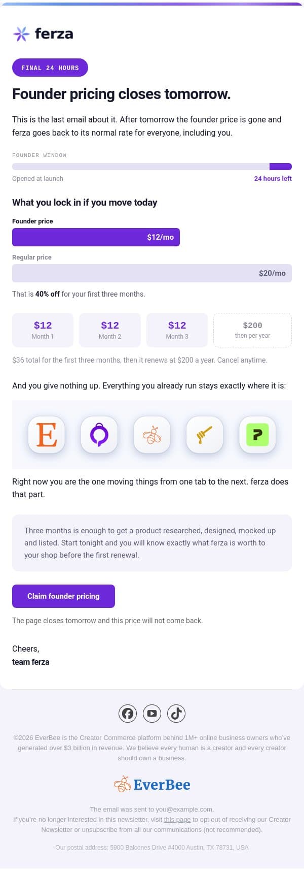 Founder pricing closes tomorrow email from EverBee screenshot