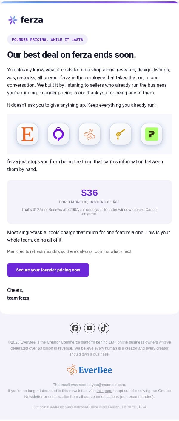 Our best deal on ferza ends soon. email from EverBee screenshot