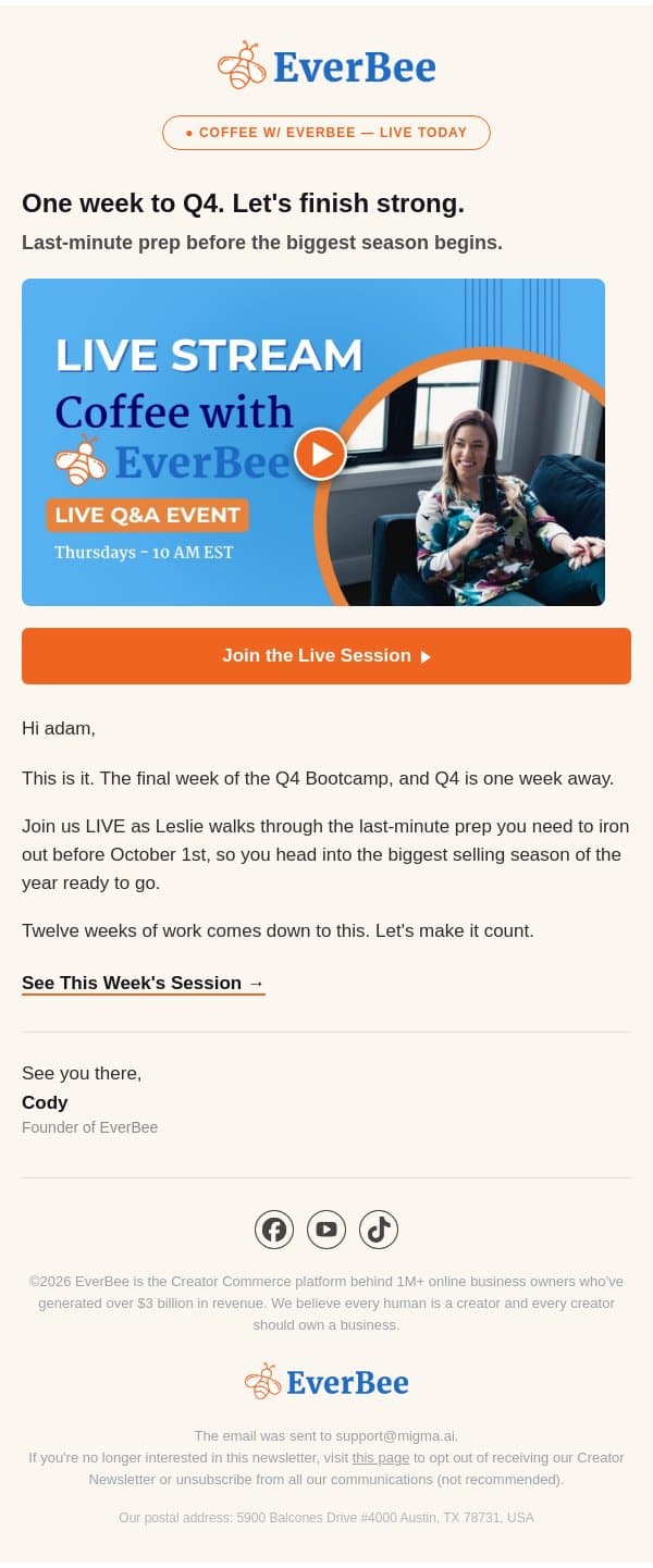☕ Coffee with EverBee starts soon. email from EverBee screenshot