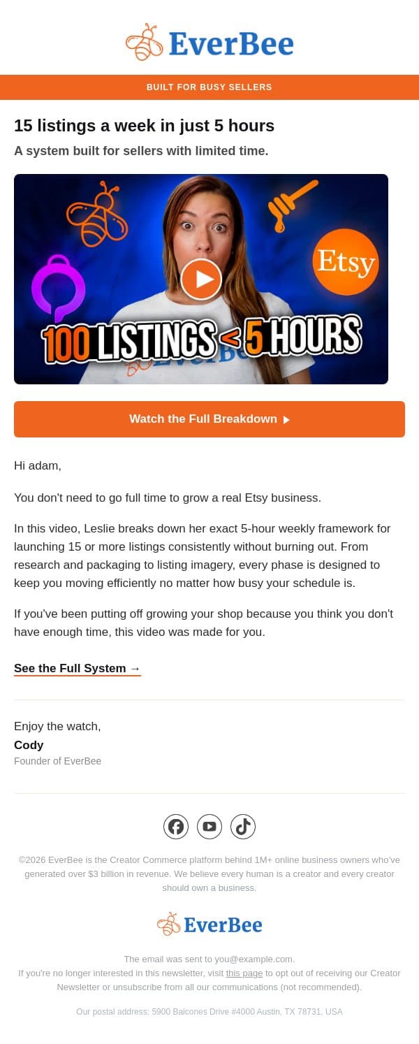 New video ▶️ 15 listings a week in just 5 hours email from EverBee screenshot
